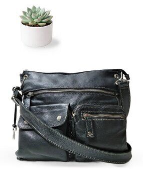Fossil 75082 Black Pebbled Leather Crossbody Bag Multi-Pocket Organizer